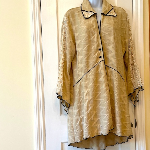 Vintage Textured Jacket Womens Large Light Tan Black Bows Mesh Artsy Lagenlook - Picture 1 of 17